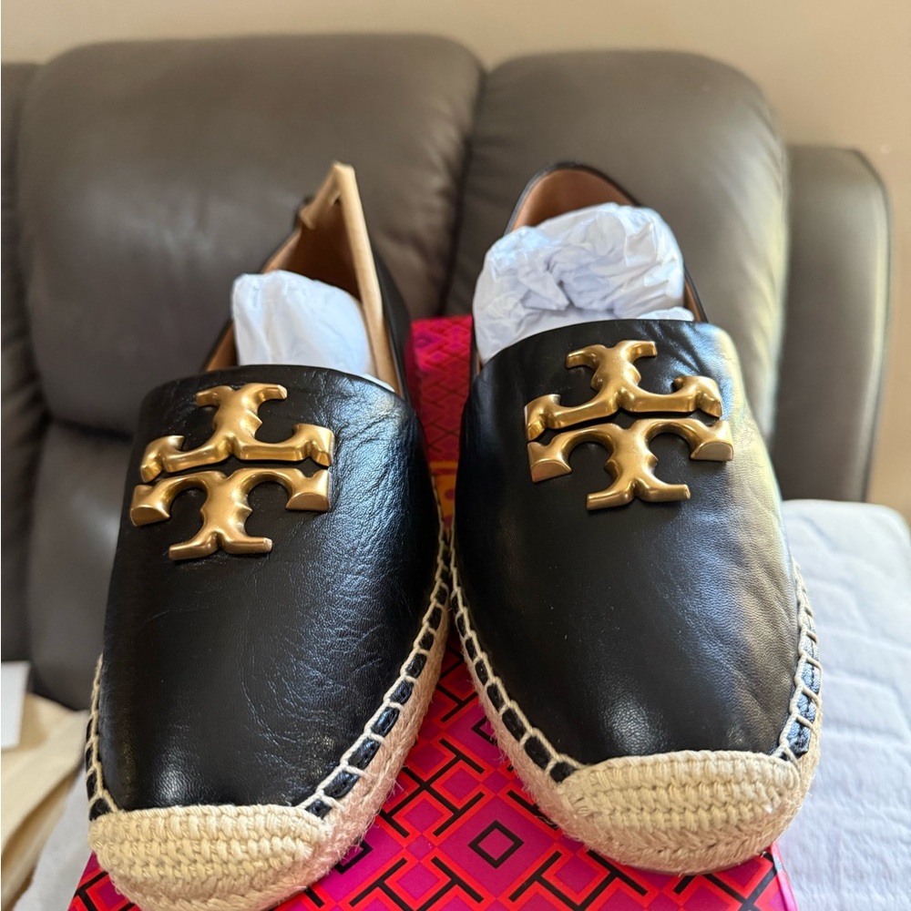 Tory Burch Black and Gold Espadrilles
